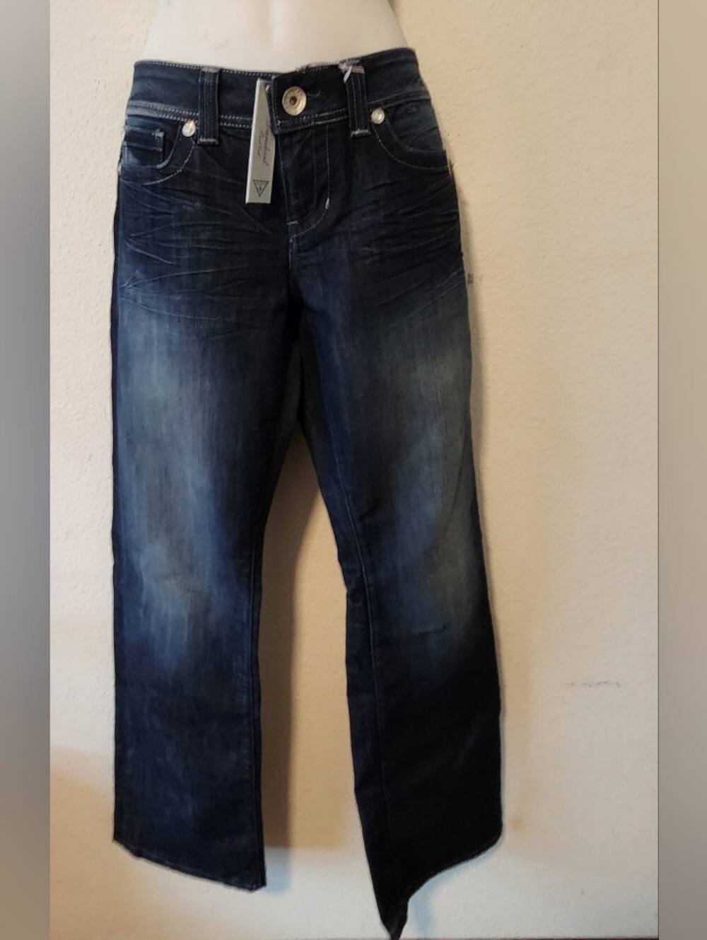 NWT GUESS Premium Daredevil Bootcut Dark Wash Rhinestone Jeans Sz 32 MSRP $128